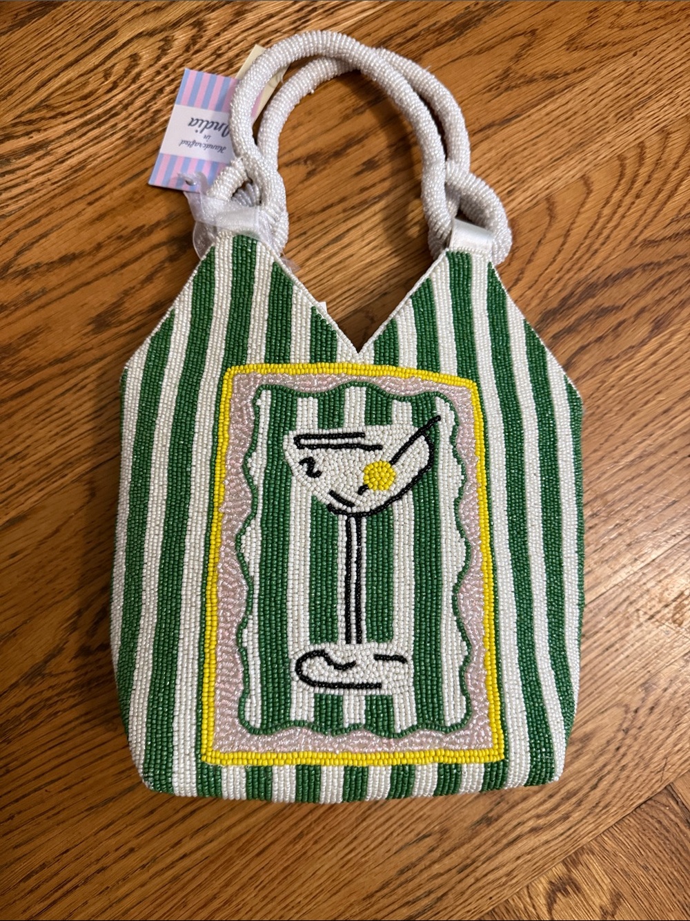 Beaded Green Stripe Mini Tote with Cocktail Motif - Unknown Brand